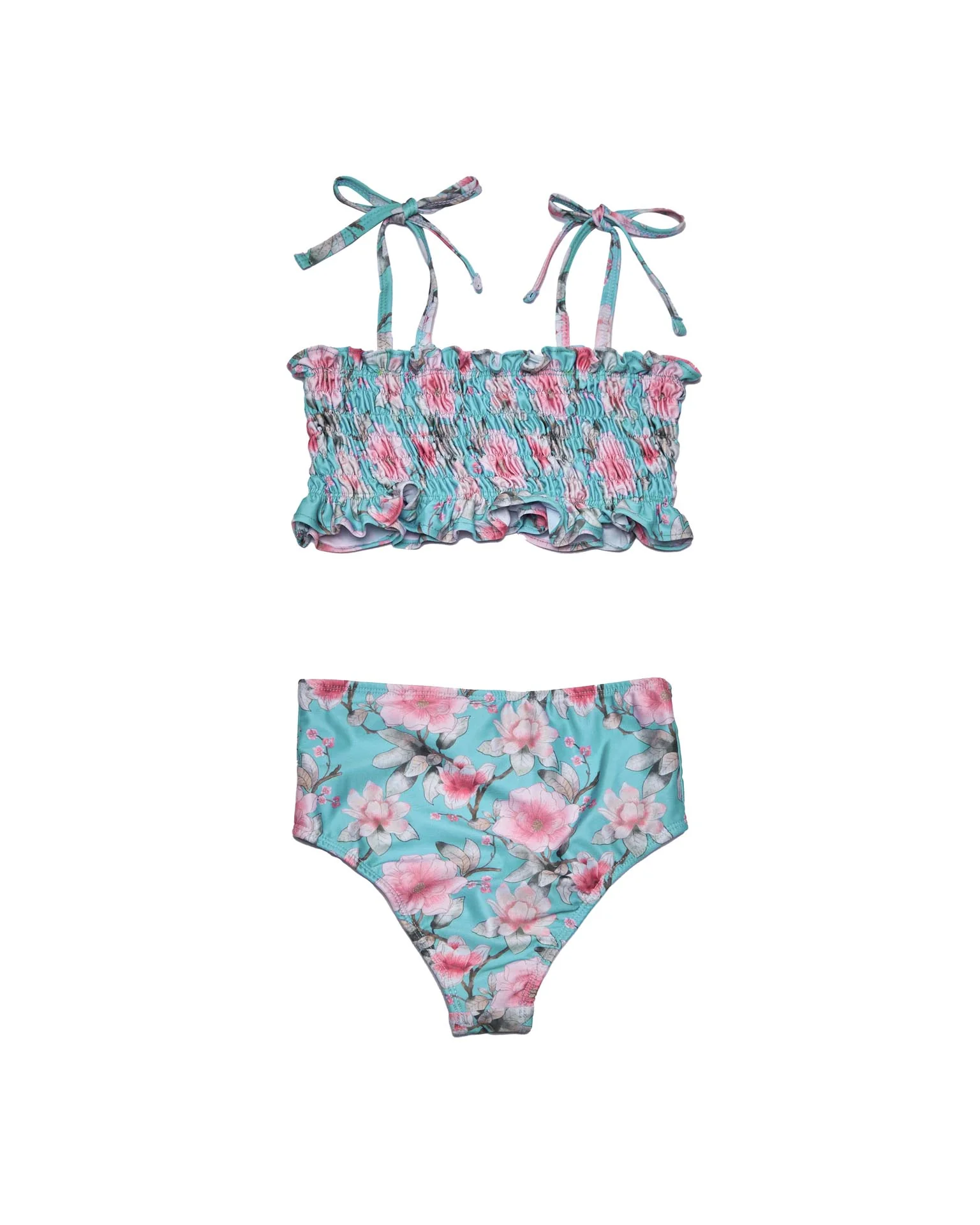 Girls Ruched Bikini Set – Adjustable Straps & High-Waisted Bottoms (Meadowlight)