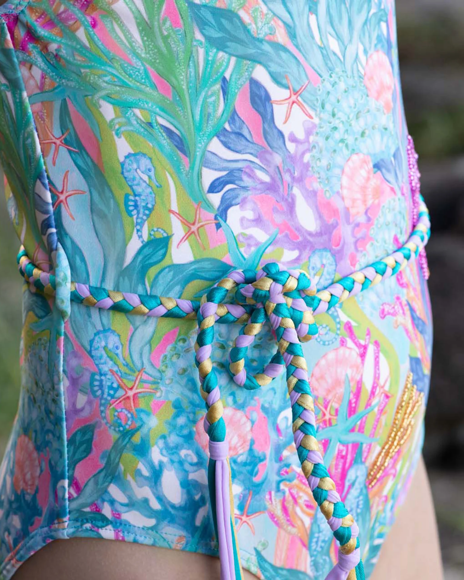 Hand Beaded One Piece Swimsuit with Belt - Image 3